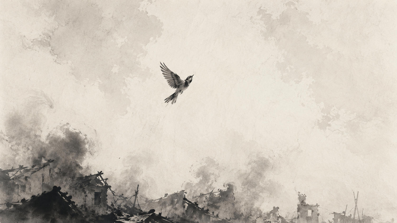 A bird rising from a war-torn landscape into the open sky — ink wash painting