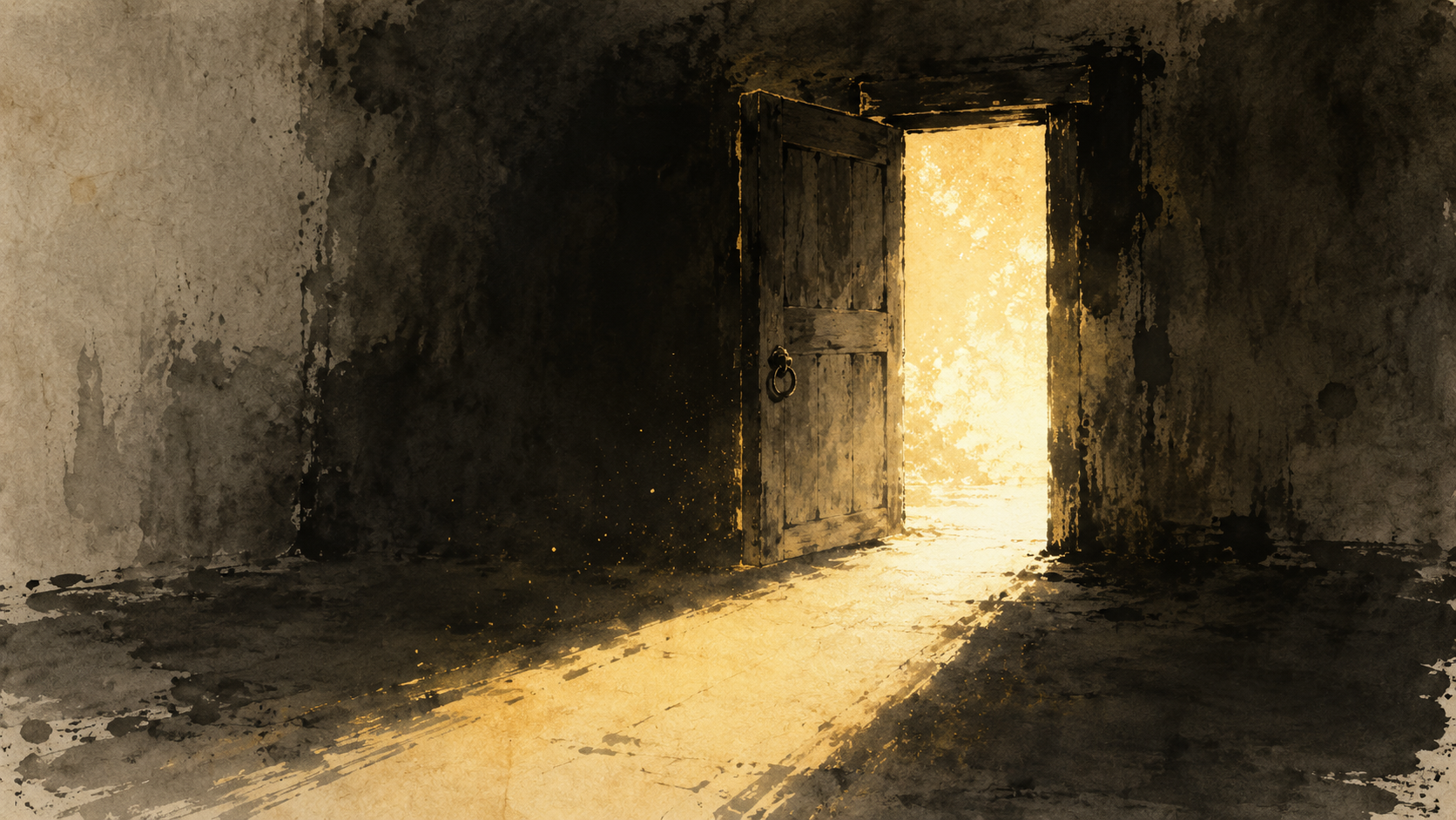 A single door opening, light flooding through — ink wash painting