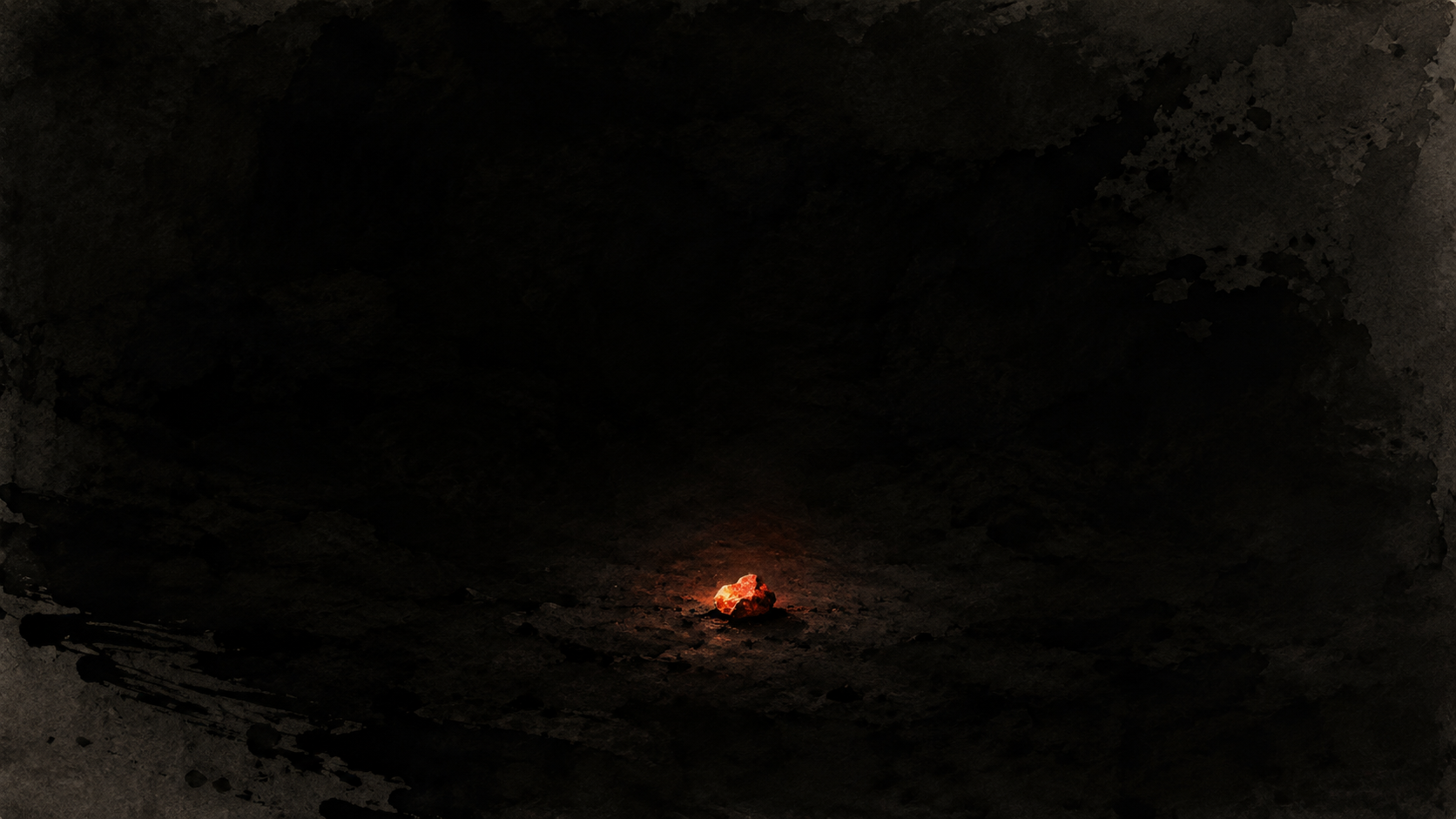 A single ember glowing bright in total darkness — ink wash painting
