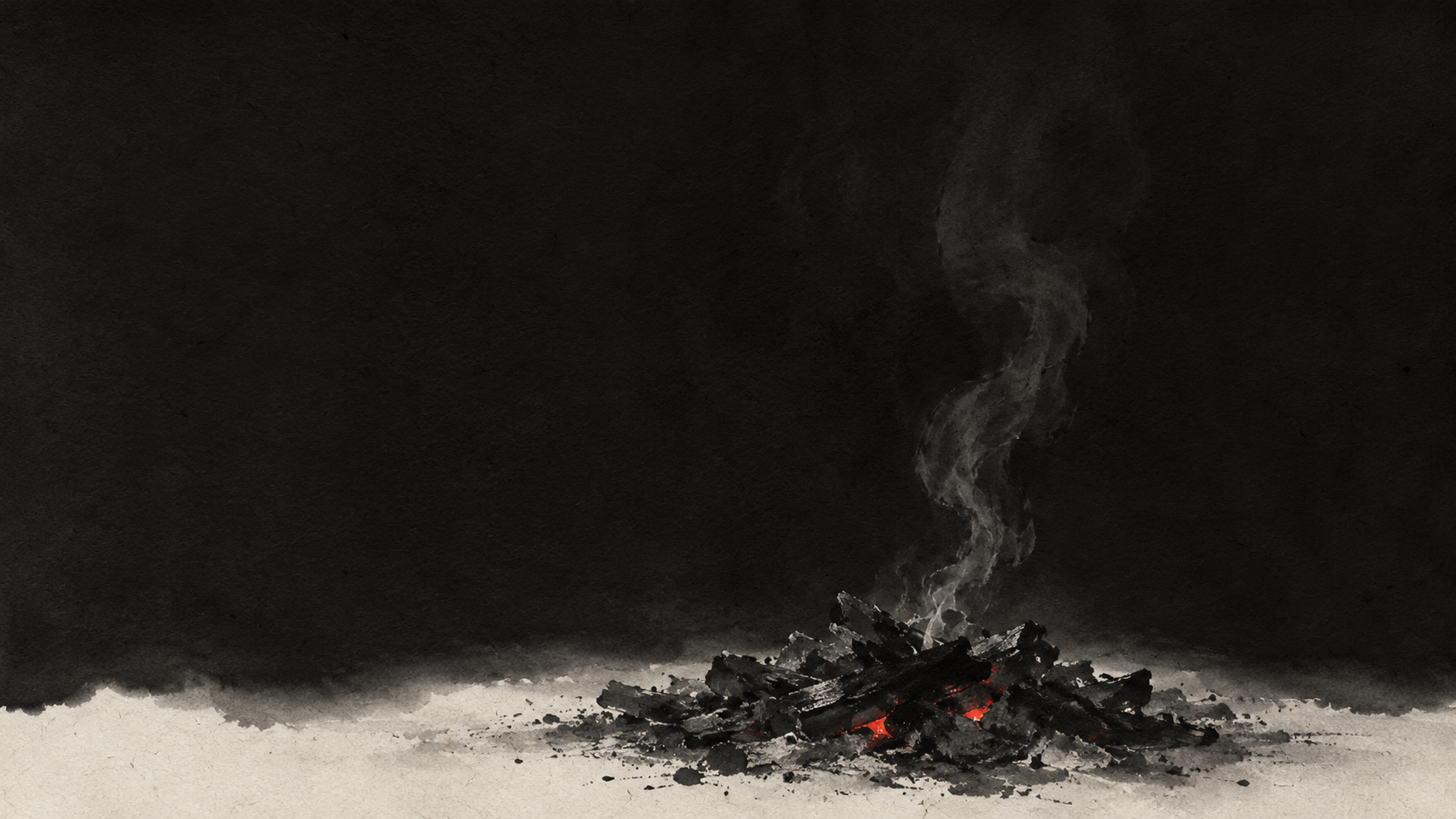 Dying embers glowing under ash — ink wash painting