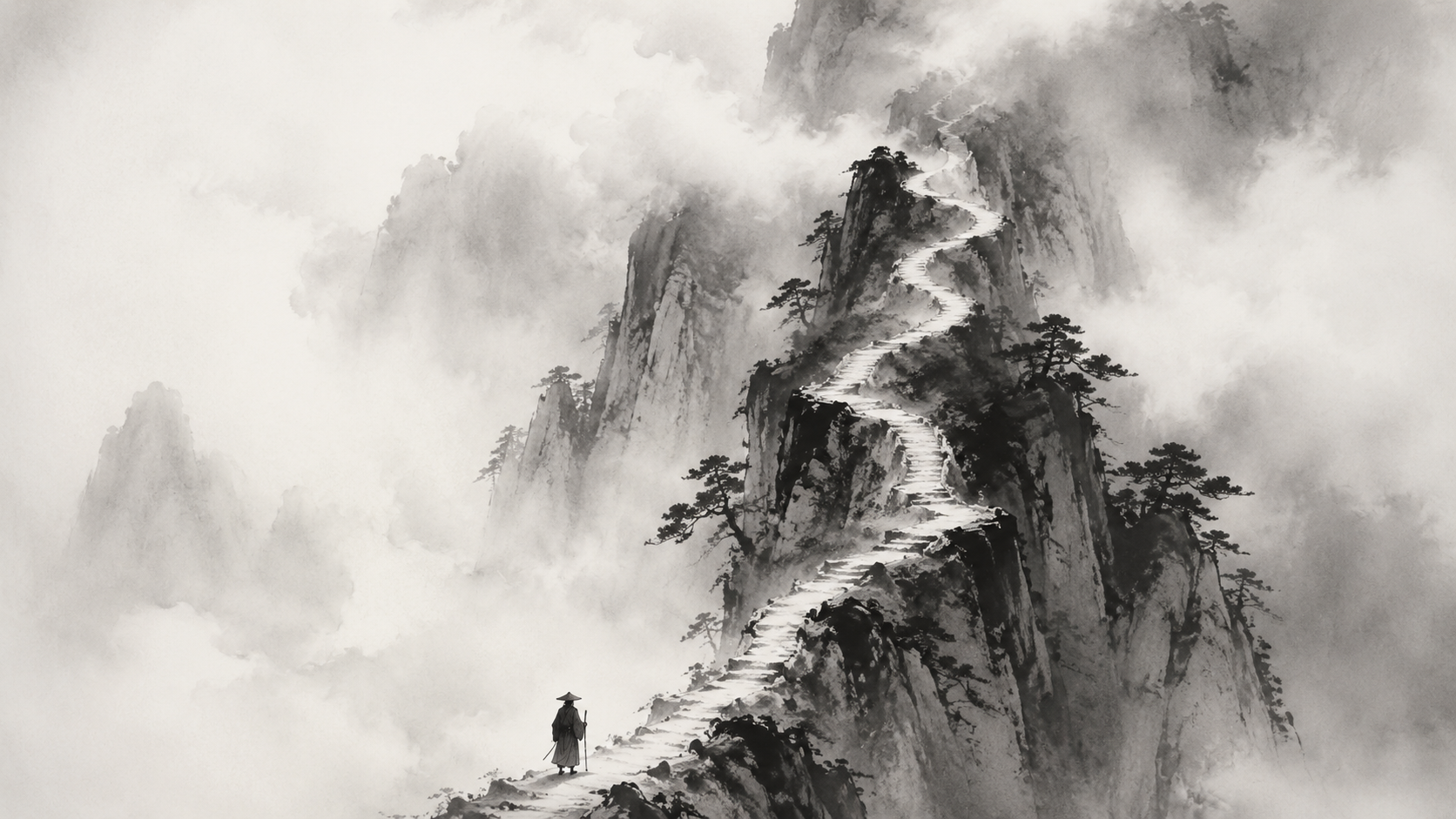 Lone traveler at the base of a mountain path disappearing into fog — ink wash painting