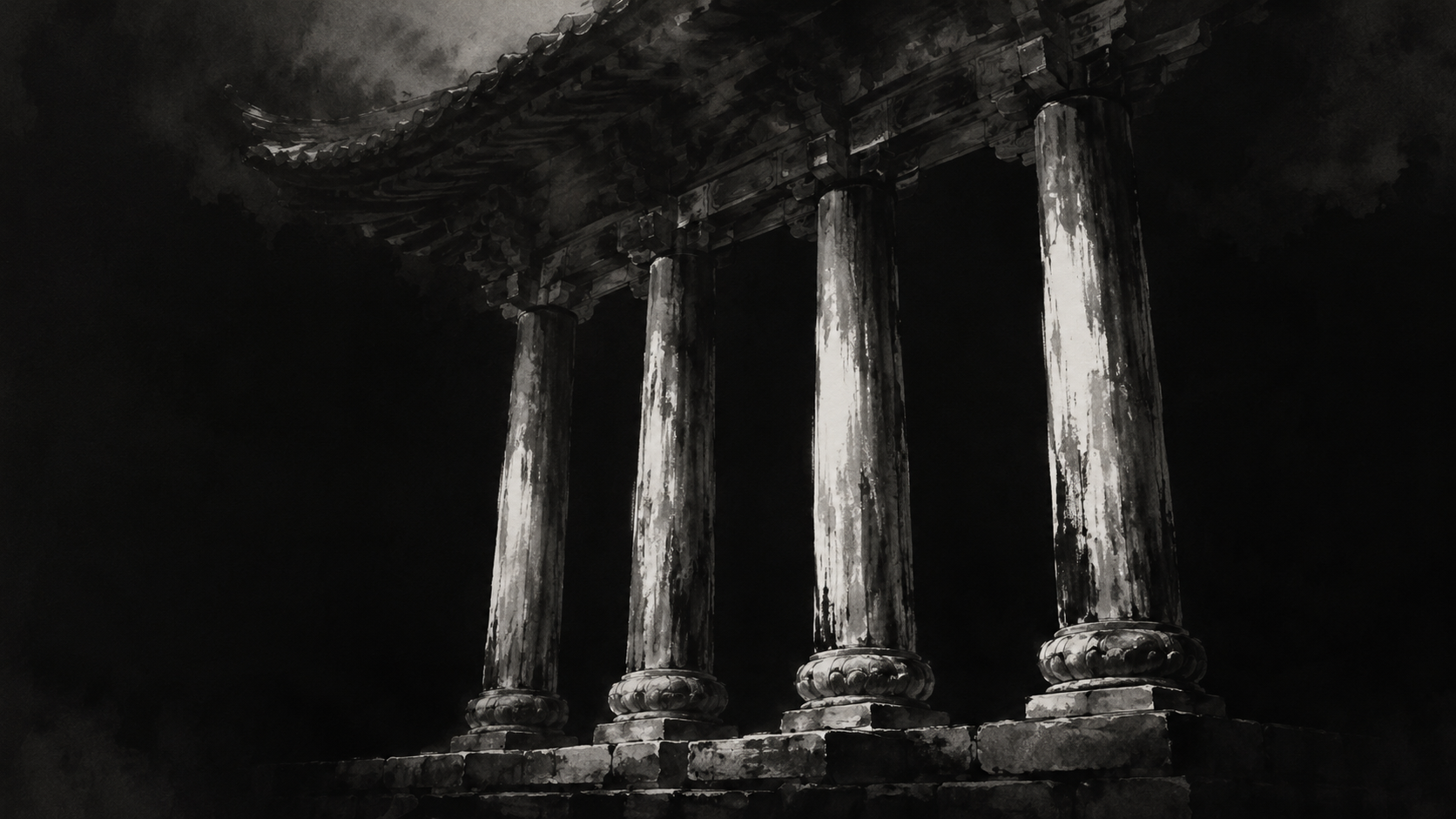 Four stone pillars supporting a temple roof — ink wash painting