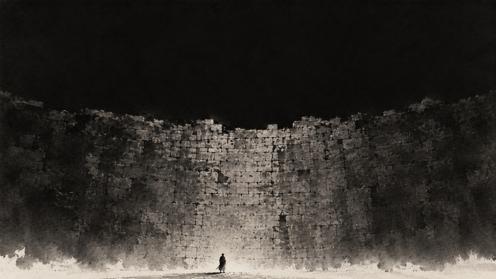 Lone figure before an enormous stone wall — ink wash painting