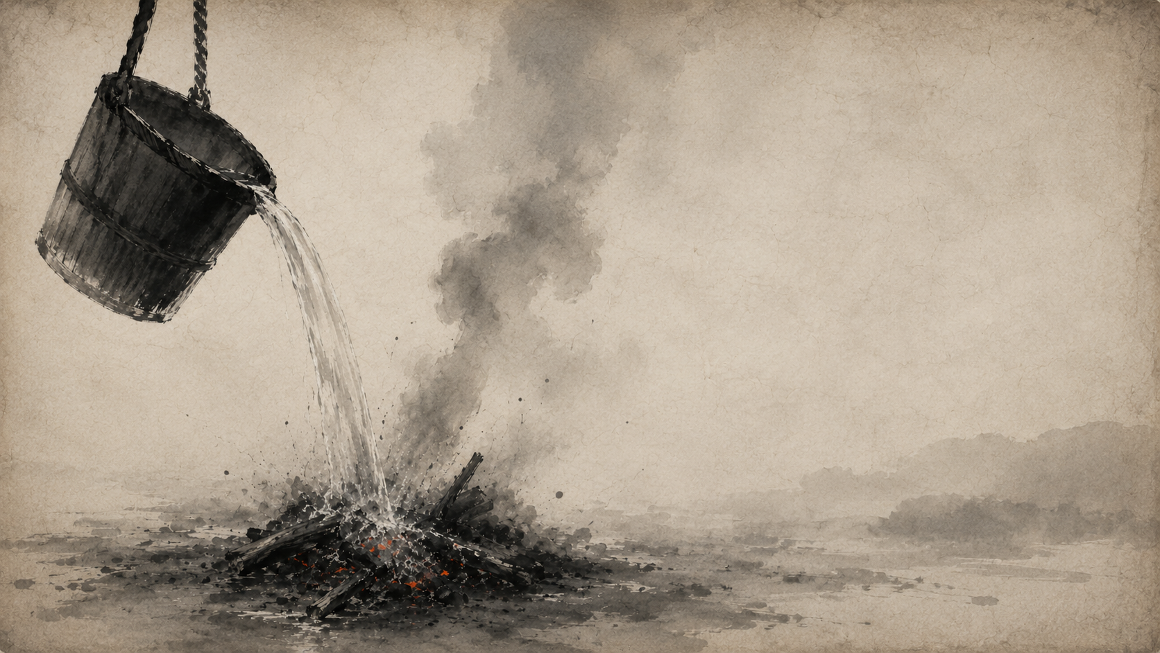 Water pouring over a dying campfire — ink wash painting